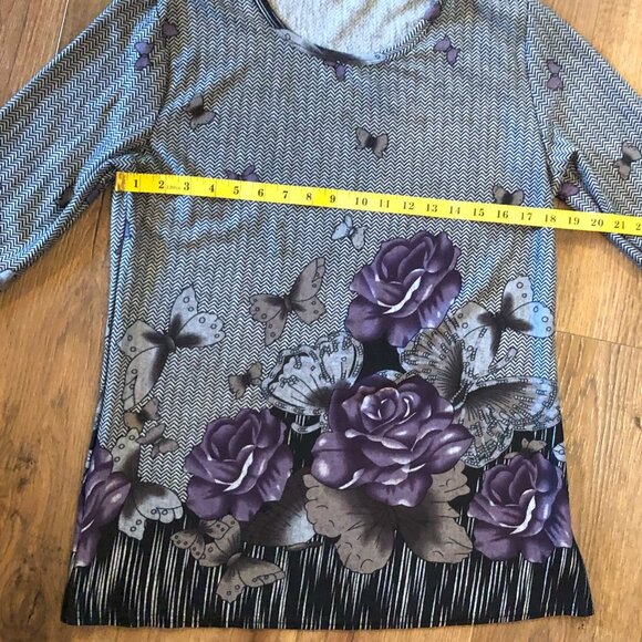 Casa Donna butterfly and roses grey silver purple long detail on sleeve top M - Picture 6 of 6